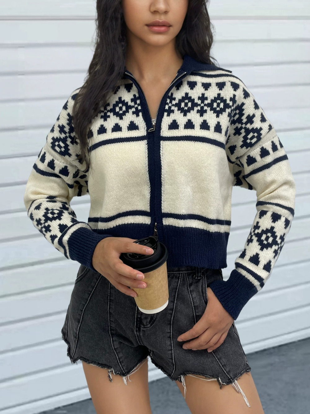 ZARA Vintage Short Zip Up Knit Cardigan for Women Long Sleeve Sweater